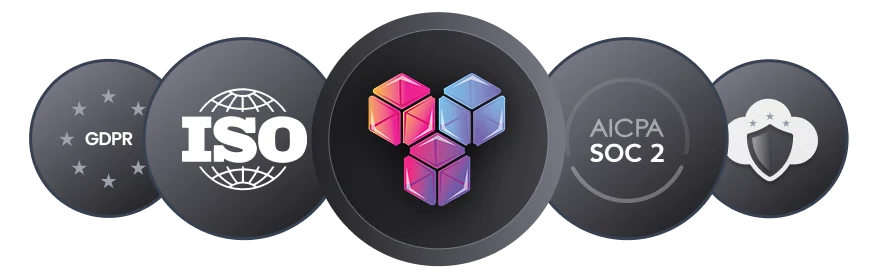 IEHUB security certifications badge: ISO 27001, SOC 2 Type II, and GDPR compliance, ensuring data protection for tender management.